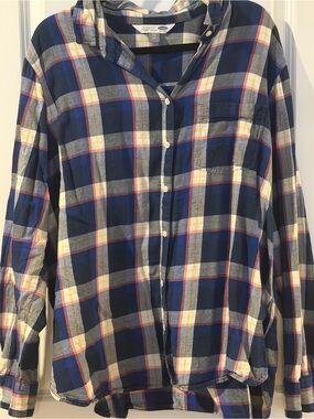 Old Navy Women's Plaid Button-Down Shirt - Navy, White & Yellow